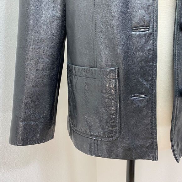 Outdoor Exchange Black Leather Jacket Womans Small Button Front Pockets Goth Hip - Picture 3 of 11